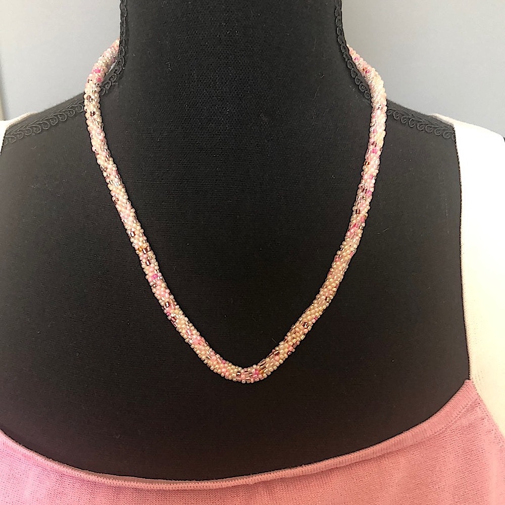 Pink, white & Tan Potay Beaded 20” Necklace